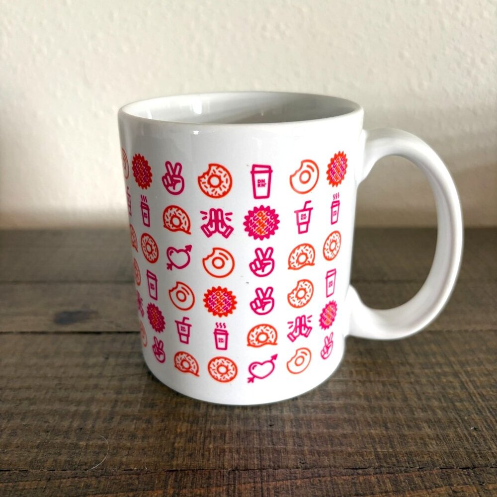 Dunkin Donuts Coffee Mug Ceramic Tea Cup Peace Love Donuts Fun Pattern